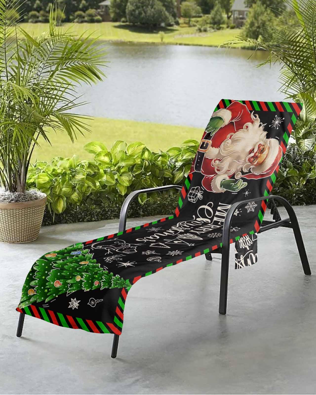 Christmas Black Beach Chair Towel Covers for Chaise Lounge with Side Pocket, Soft Plush Pool Towels Cover for Patio Sunbathing Outdoor 29''x85'' Green Pinr Tree Winter Snowflake