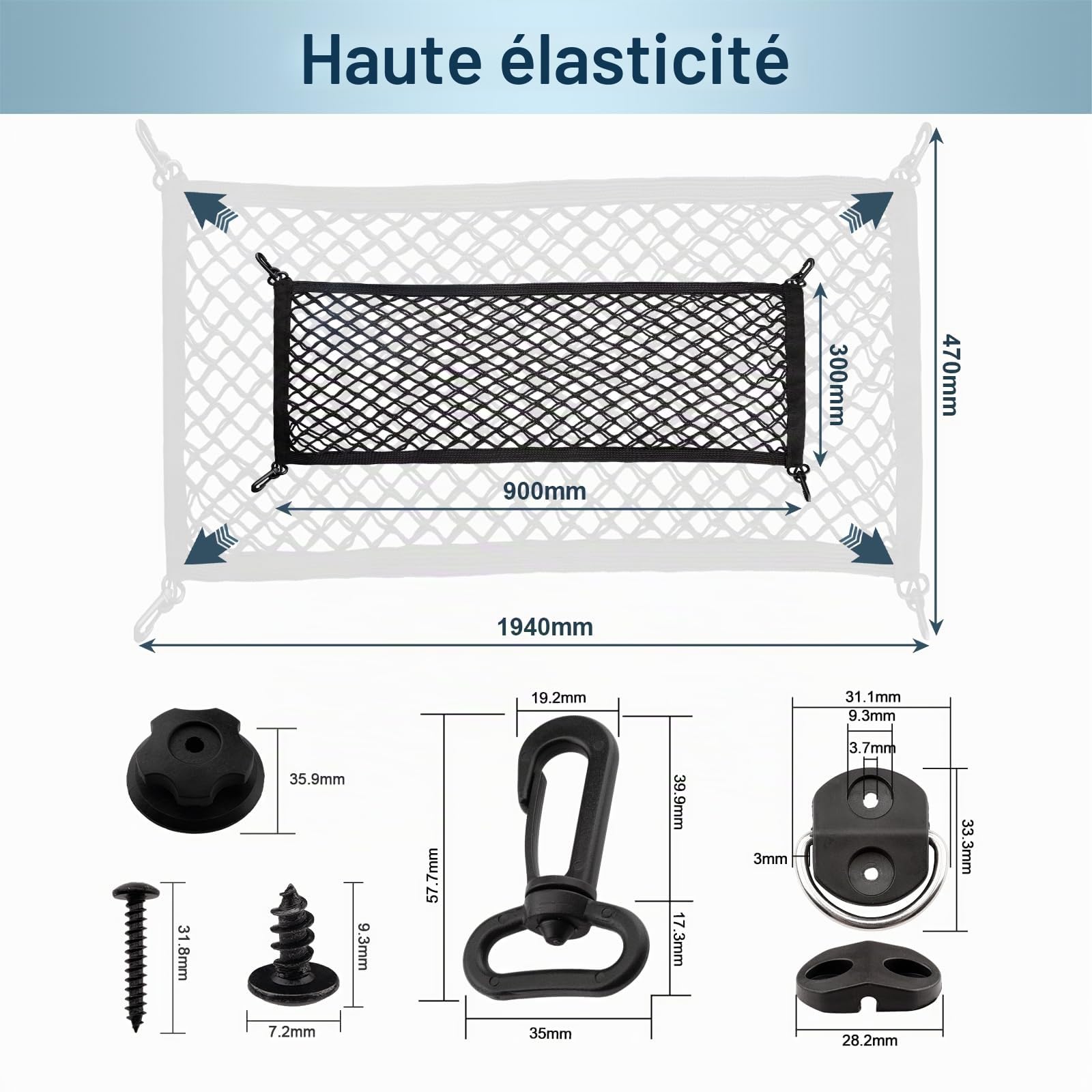 Filet de Coffre 90 x 30 cm – Extensible jusqu'à 194 x 47 cm, 8 Crochets, renforcé et élastique – idéal pour Bagages, SUV et Voyages | Filet de rangement pour coffre de voiture, filet de protection hautement élastique pour camping-car et SUV