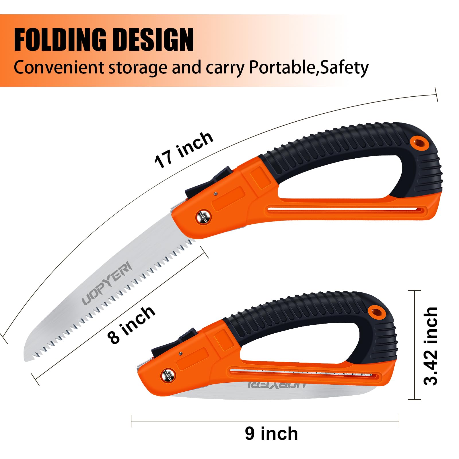 Sierra de mano plegable, hoja de acero de alto carbono de 8 pulgadas para corte suave, camping, jardinería, poda de árboles, corte de madera, diseño compacto con mango ergonómico antideslizante para