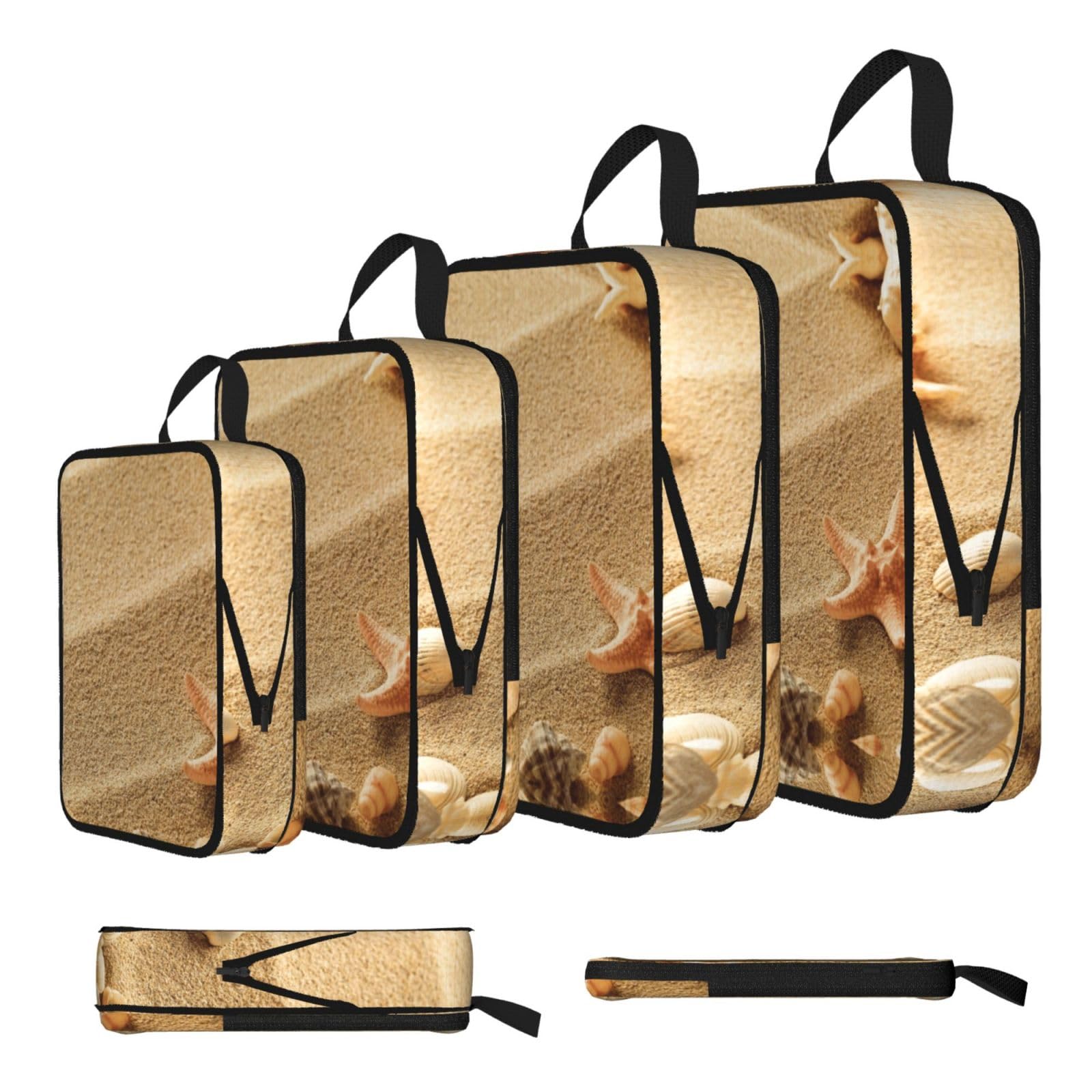 Beach Shell Sand Print Compression Packing Cubes 4-Piece Set With Multi- Compartment Travel Bag, Waterproof Suitcase Organiser Bags