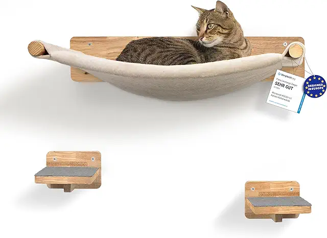 WOOWOOD® Katzen Kletterwand mit Hängematte - Massivholz Kratzbaum für Wandmontage