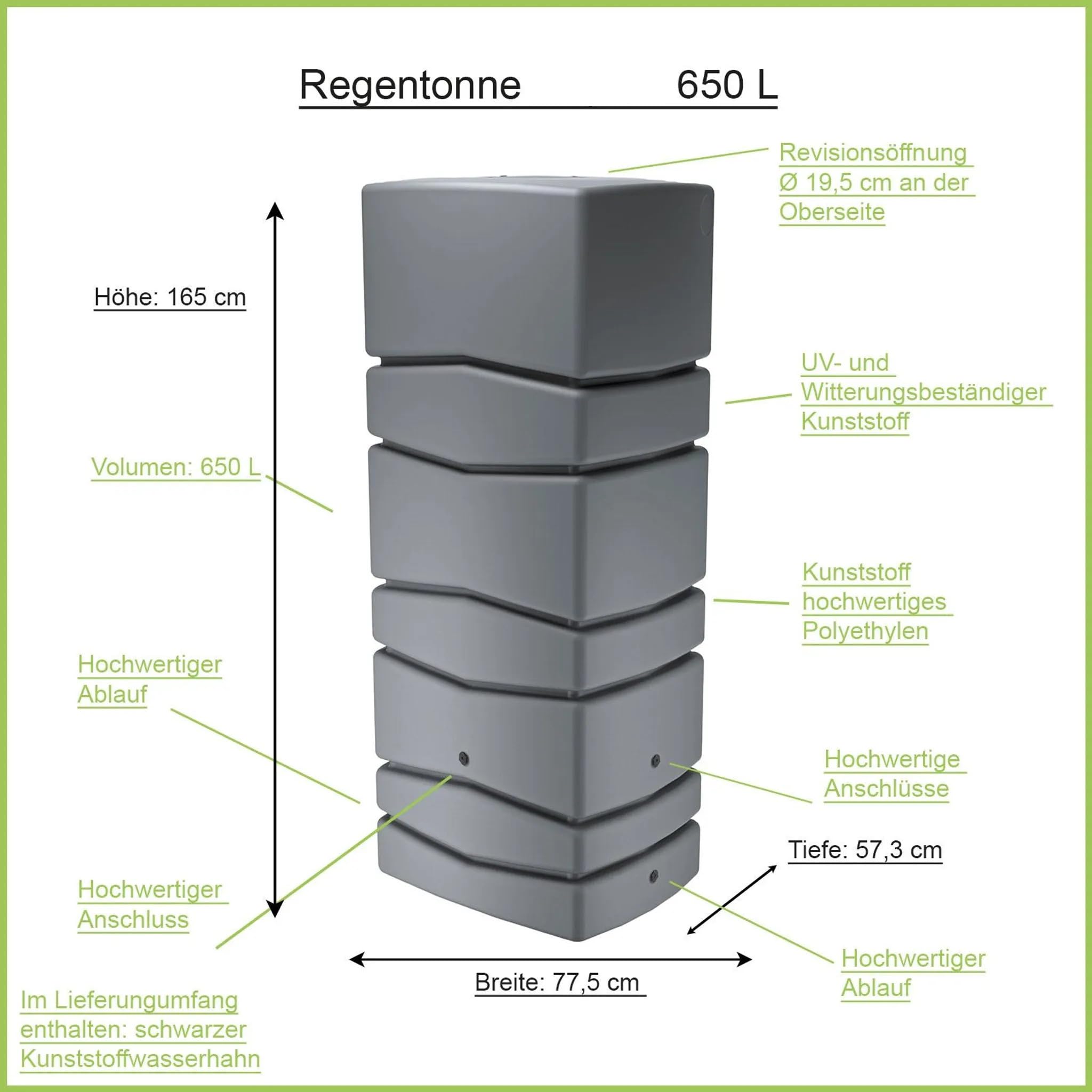 Regentonne 650 Liter, Grau, Robuster Regenwasserspeicher für Garten, 165 x 57 x 77 cm