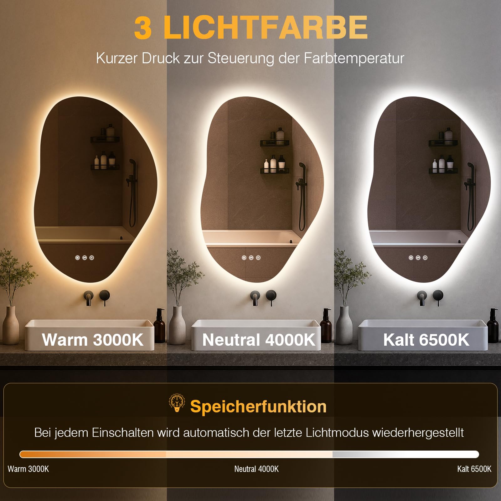 Spiegel mit Beleuchtung Asymmetrischer, LED Badspiegel mit Touch-Schalter, 3 Lichtfarbe, Dimmbar, Beschlagfrei Badezimmerspiegel mit Beleuchtung 80x 53cm
