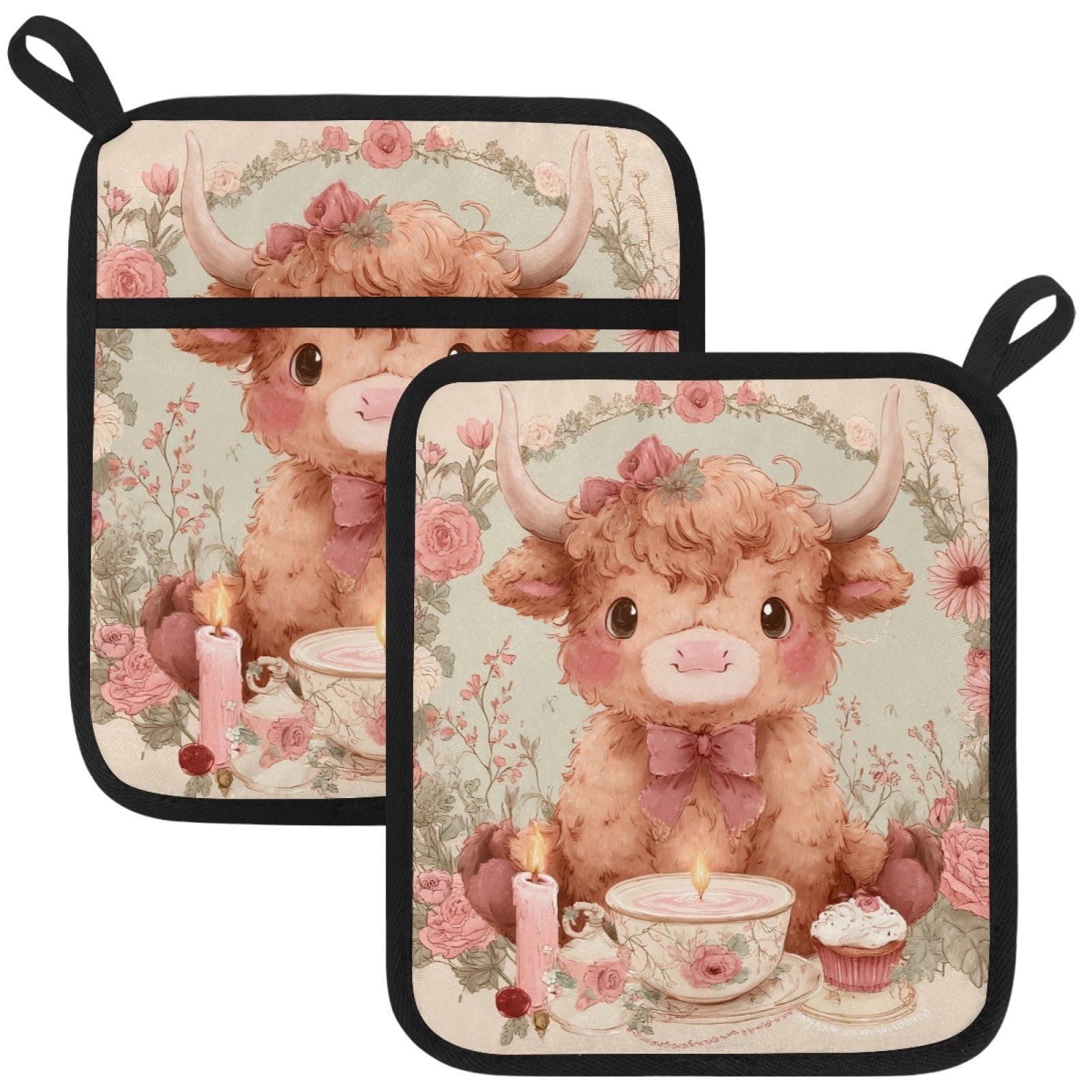 VAPOKF Pink Highland Cow Pot Holders with Pocket for Kitchen Heat Resistant Potholders Large Polyester-Cotton Square Oven Mitts Set