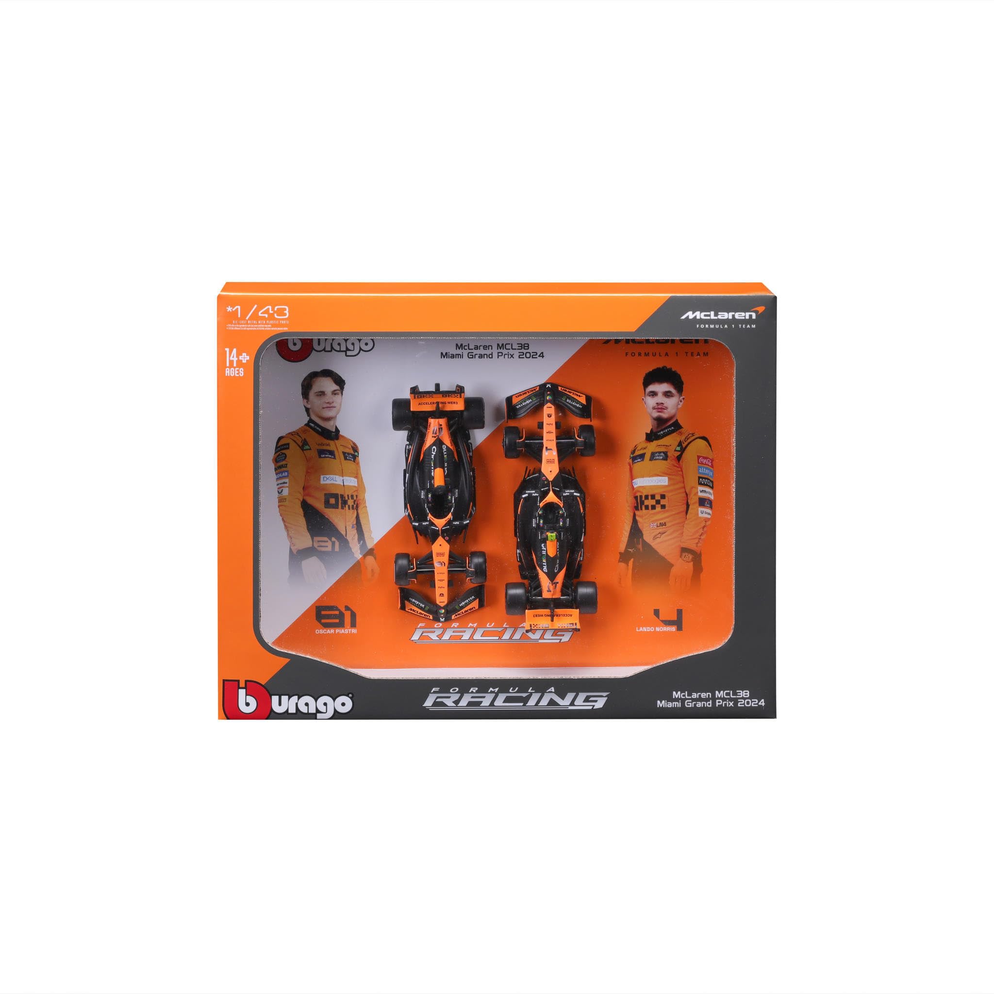 Bburago F1 Formula MCLAREN MCL38 (2024), NORRIS AND PIASTRI 2 Pack -1:43 Scale