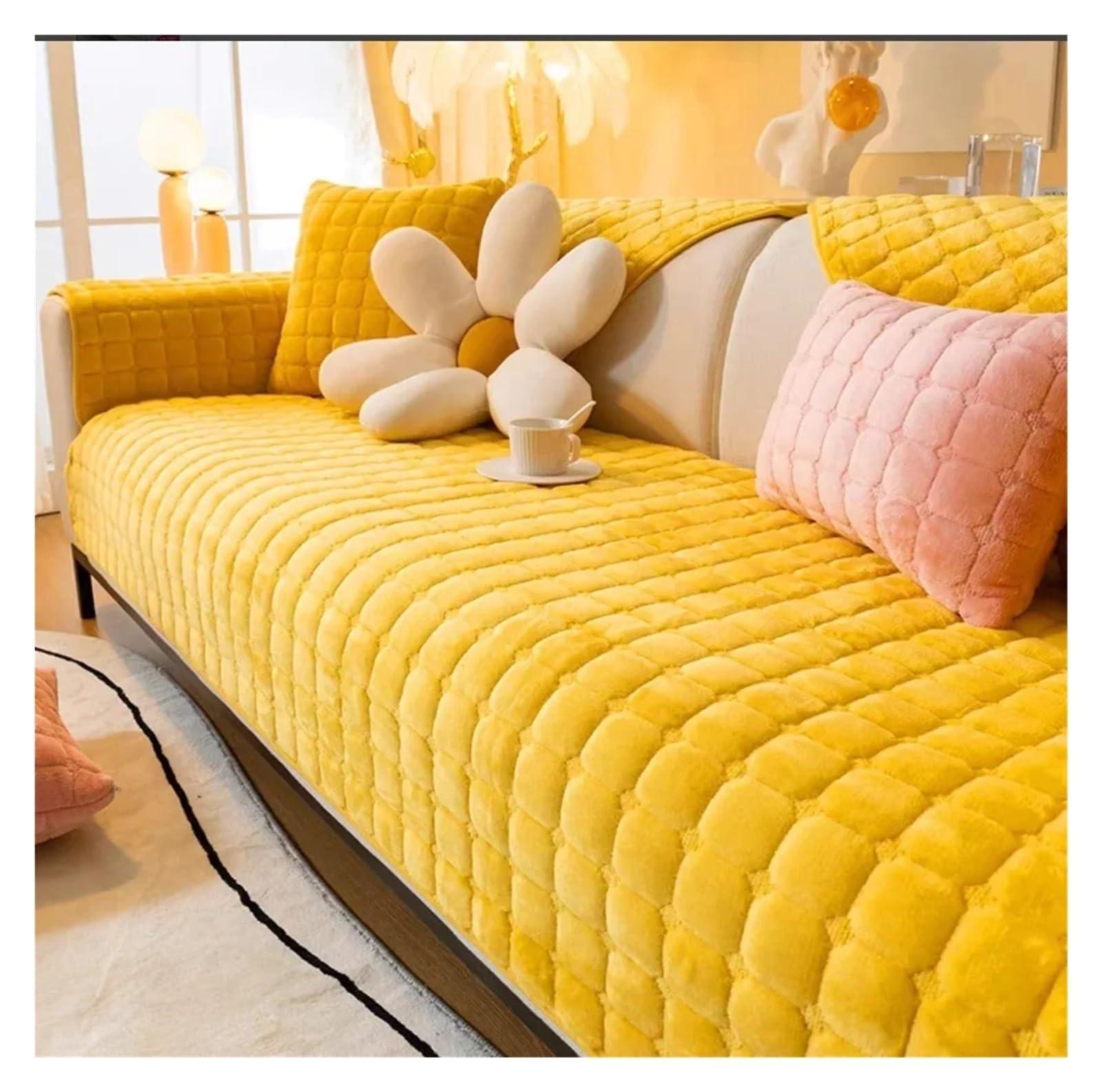 Housse de canapé flanelle épaisse antidérapante jaune 90x90 avec accoudoirs soutien dorsal