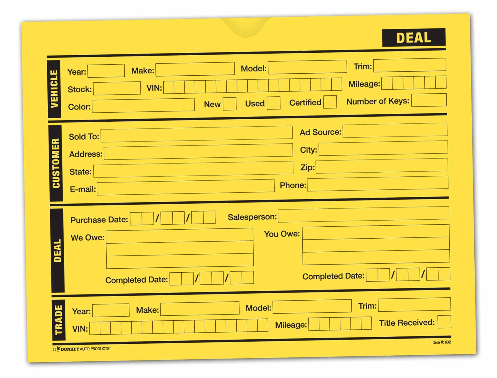 Vehicle Deal Jackets Printed - Dealer Choice - File Folders (100 per Pack) (Yellow)