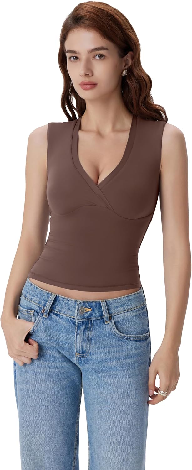 SUUKSESS Women Built in Bra V Neck Tank Tops Double Lined Summer Going Out Camisole Tops - Image 2