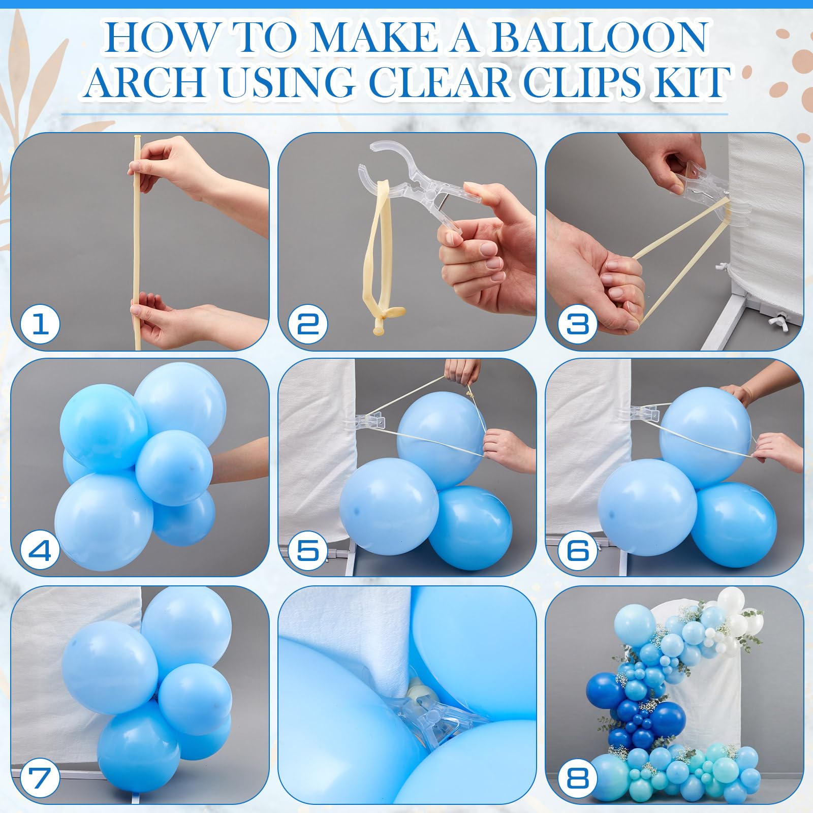 LemonRoad 108-teiliges Ballonbogen-Clip-Set enthält 10 x 8,9 cm große, transparente Hintergrund-Clips, 50 x 260 Luftballons, 5 x 6 cm kleine Clips, Klebepunkte und Bindewerkzeug, Ballonkette für