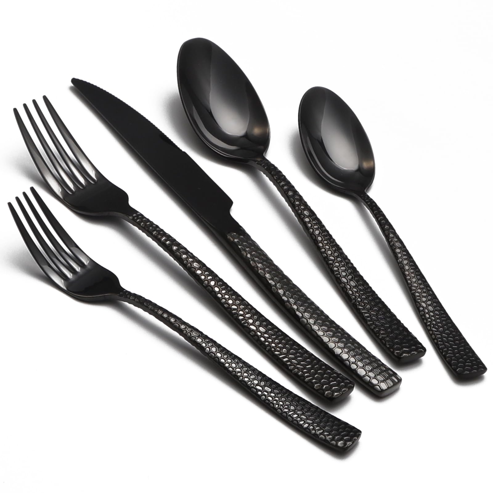 Black Hammered Silverware Set, 20 Piece Stainless Steel Flatware Set for 8, Food-Grade Tableware Cutlery Set for Home Restaurant, Mirror Polished, Dishwasher Safe