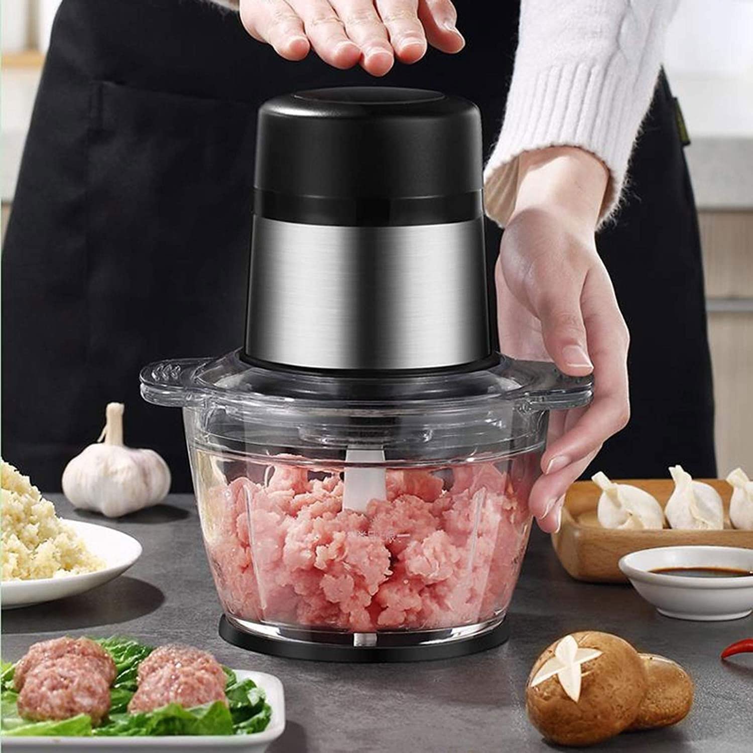 Picadora eléctrica, mini robot culinario, hoja de acero inoxidable, 2 velocidades, cuenco de cristal sin BPA de 2 l para carne, verduras y frutas, 300 W