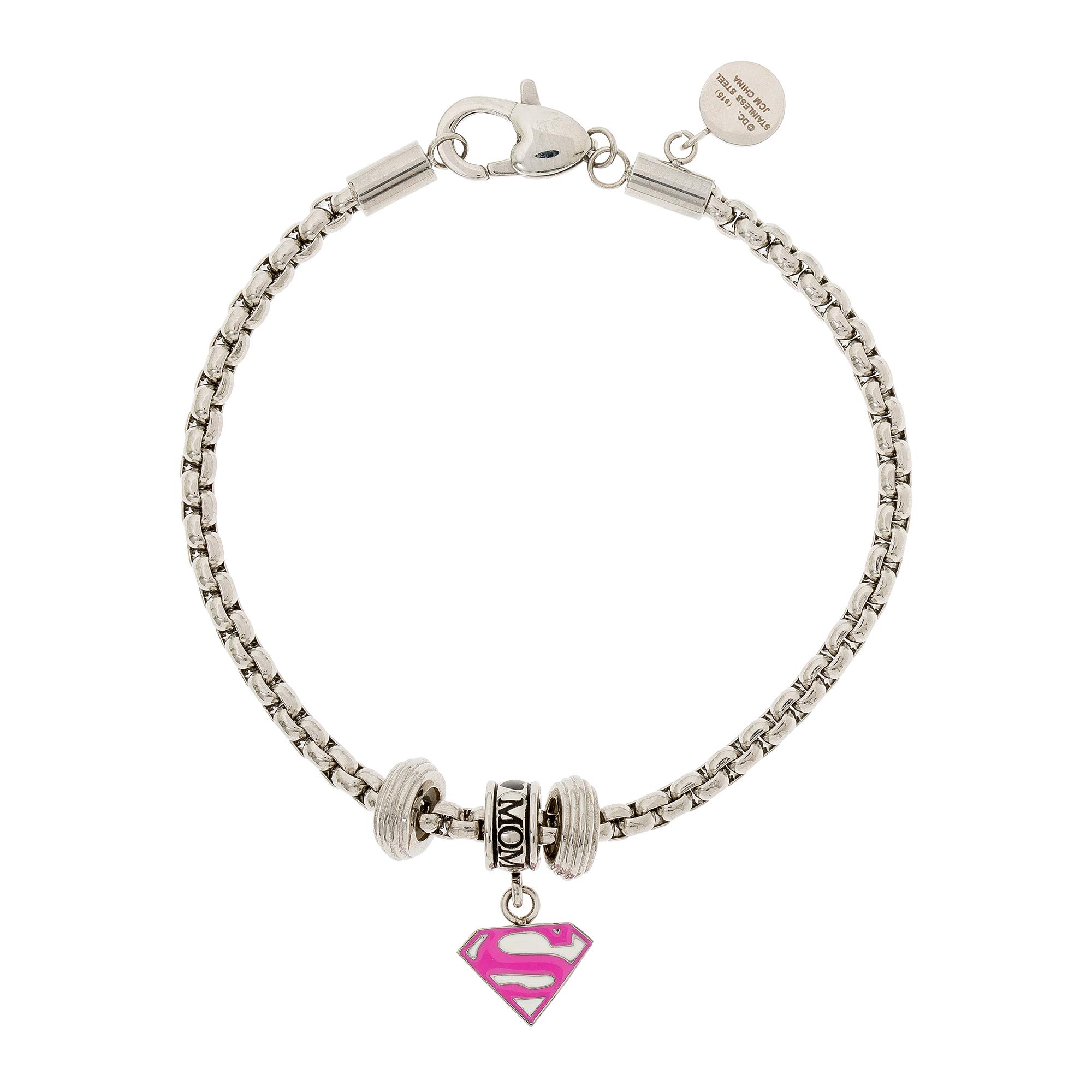 DC Comics Stainless Steel Pink Superman Bead Charm Bracelet