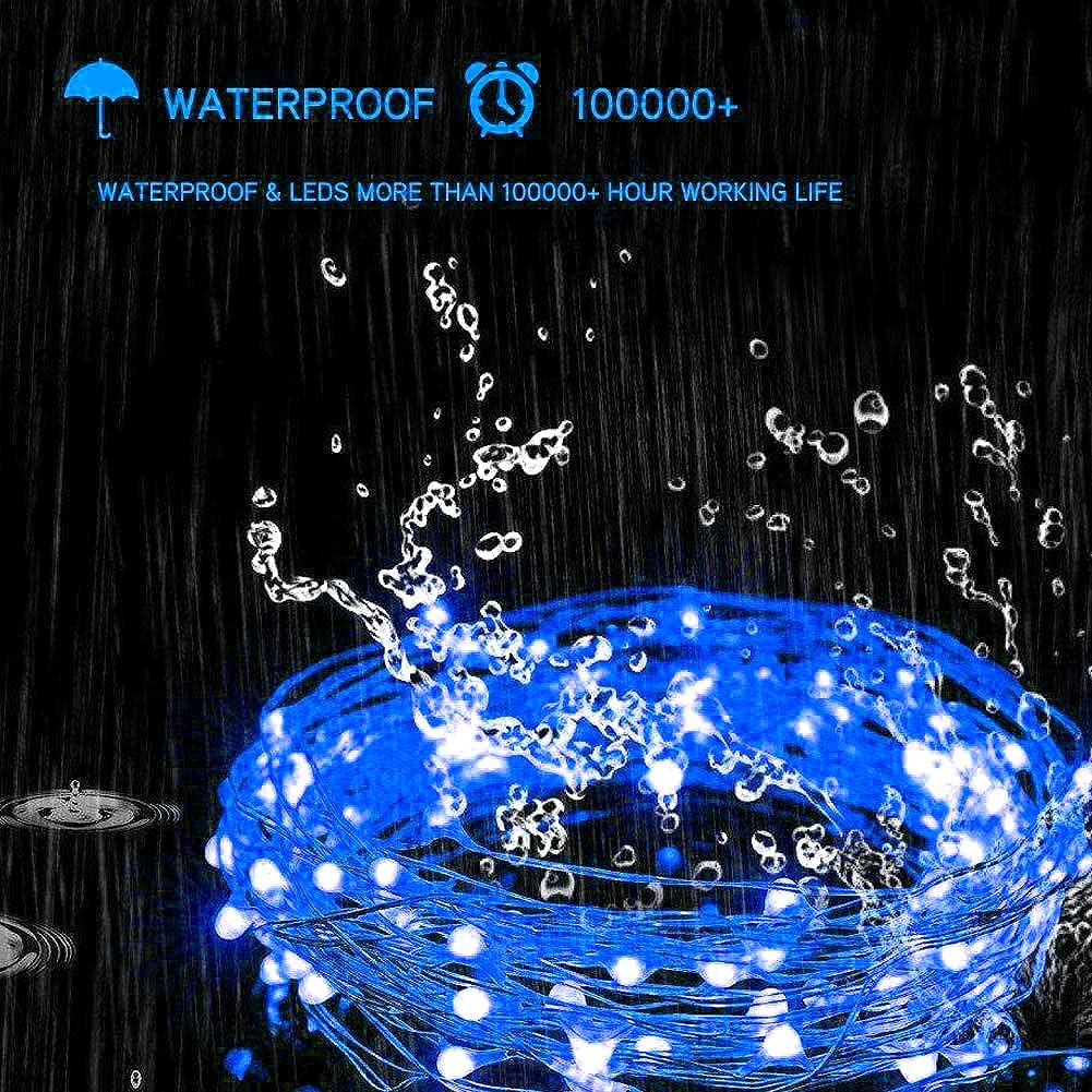 koopower 2 Pack Solar String Lights UL Certified, 33ft 8 Modes Copper Wire Blue Lights Solar/Battery Powered Outdoor String Lights Waterproof Fairy Lights for Xmas Tree Garden Home Ambiance Wedding