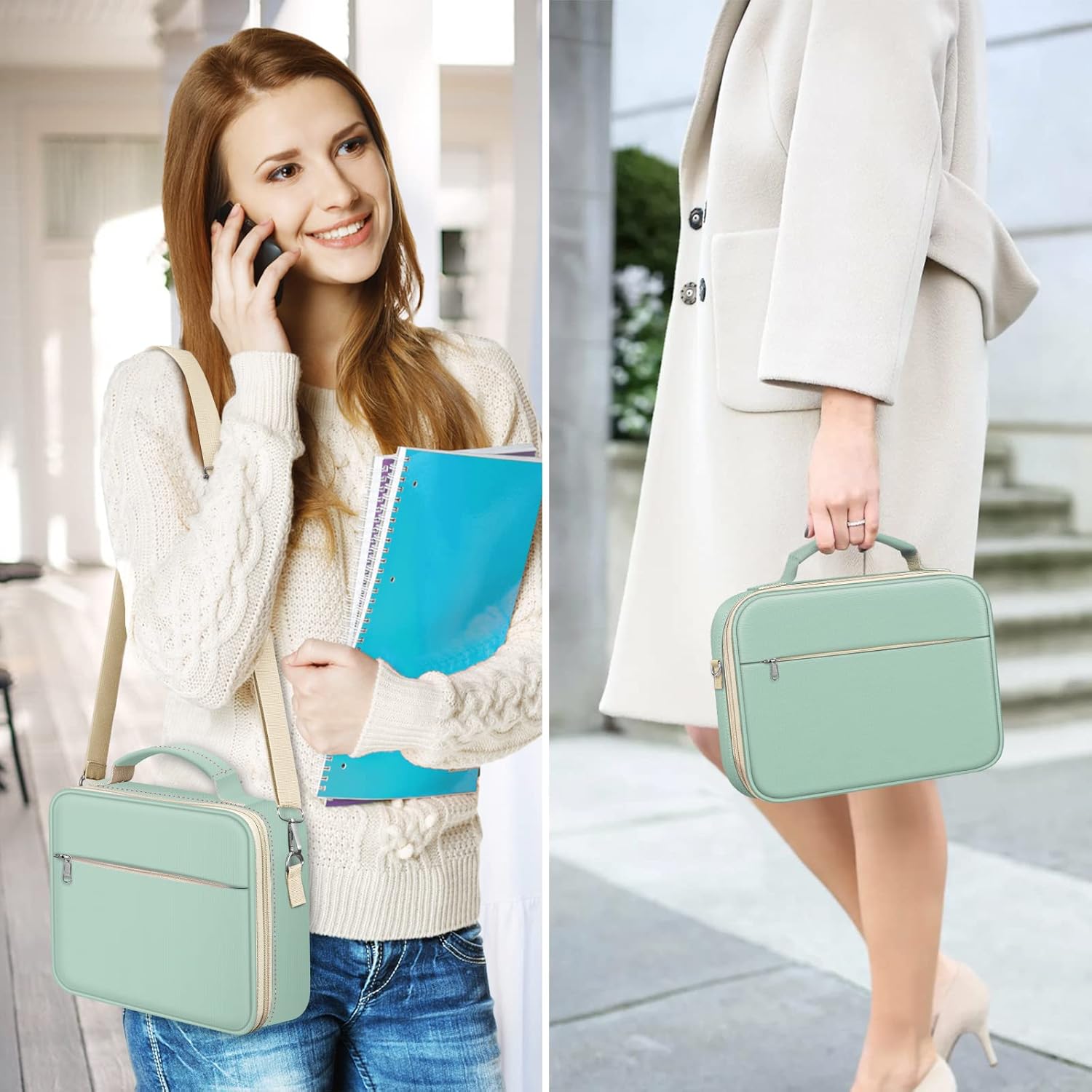 FINPAC Large Bible Cover w/Shoulder Strap, Carrying Book Case Church Bag Bible Protective w/Pen Slots and Zippered Pocket, Gift for Women Lady, Light Green - Image 6