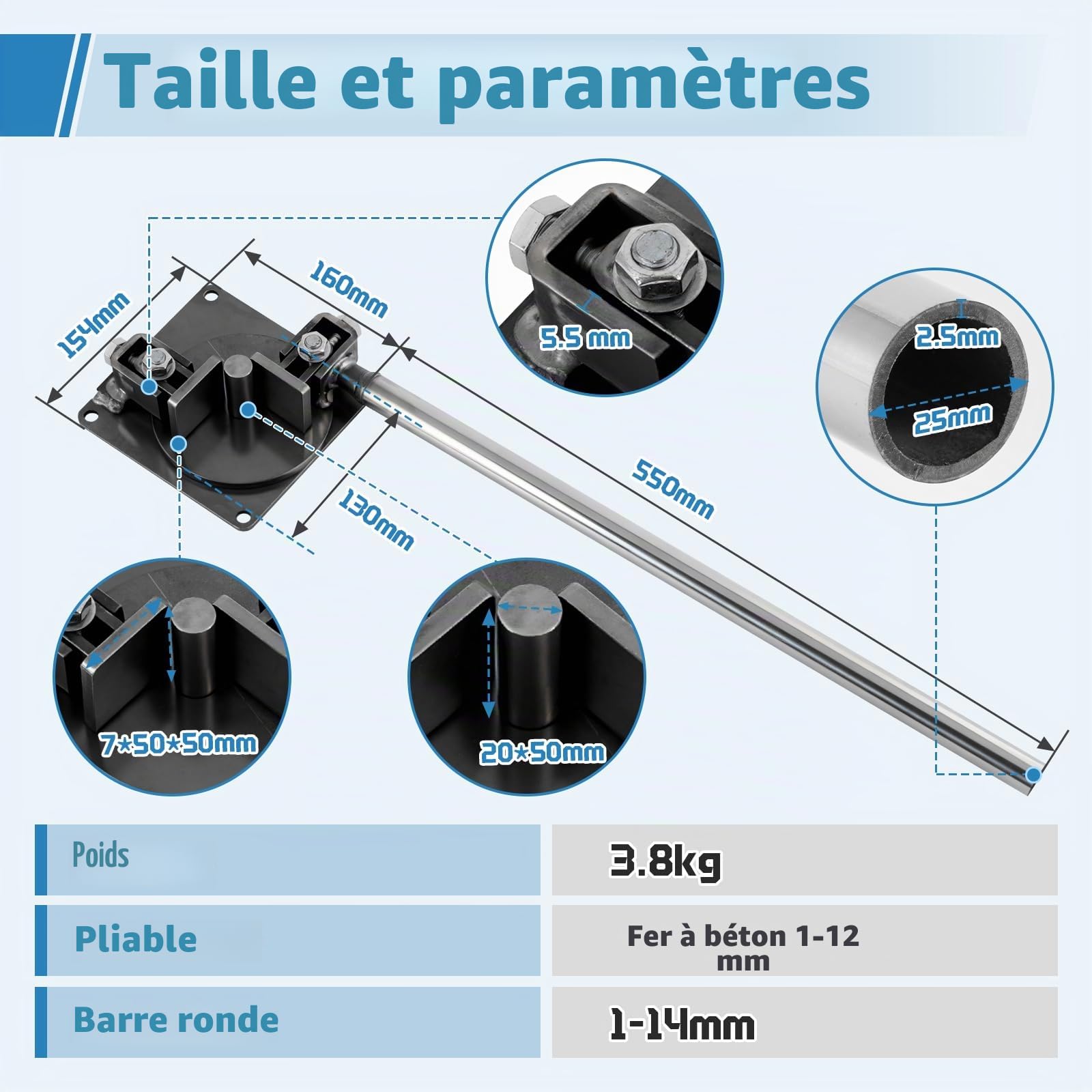 MXBAOHENG Cintreuse de barres d'armature de construction portable de 1-14mm Machine à cintrer portable pour tiges déformées Outil de pliage de barres d'armature pour acier rond/acier renforcé/fer plat