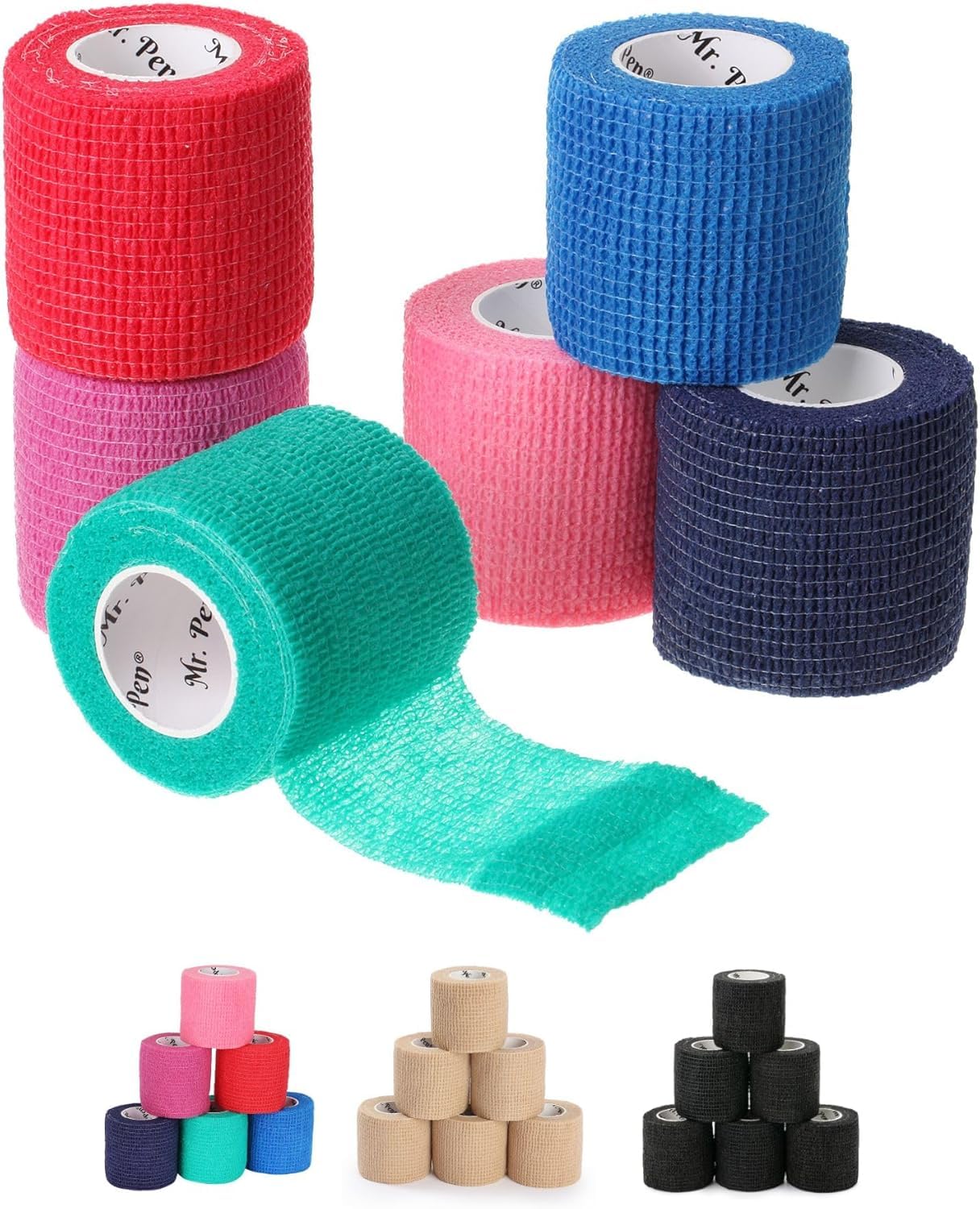 Mr Pen- Self Adhesive Bandage Wrap Assorted Colors 2 x 5 Yards 6 Pack Elastic Self Stick Stretch