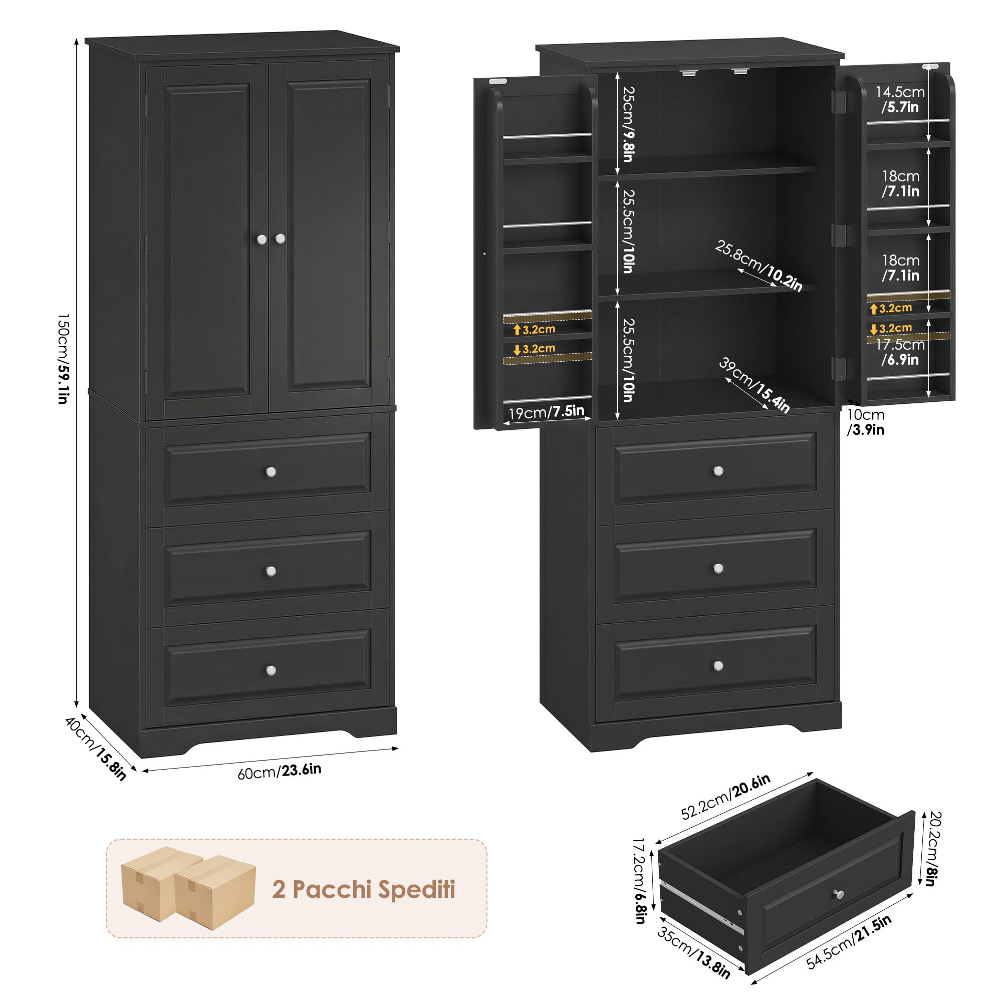 FOREHILL 150cm Credenza Cucina con 3 Cassetti, Dispensa Cucina con 8 Ripiani della Porta, Mobile Dispensa a 2 Ripiani Regolabili, per Sala da Pranzo, Soggiorno, 60x40x150 cm (Nero)