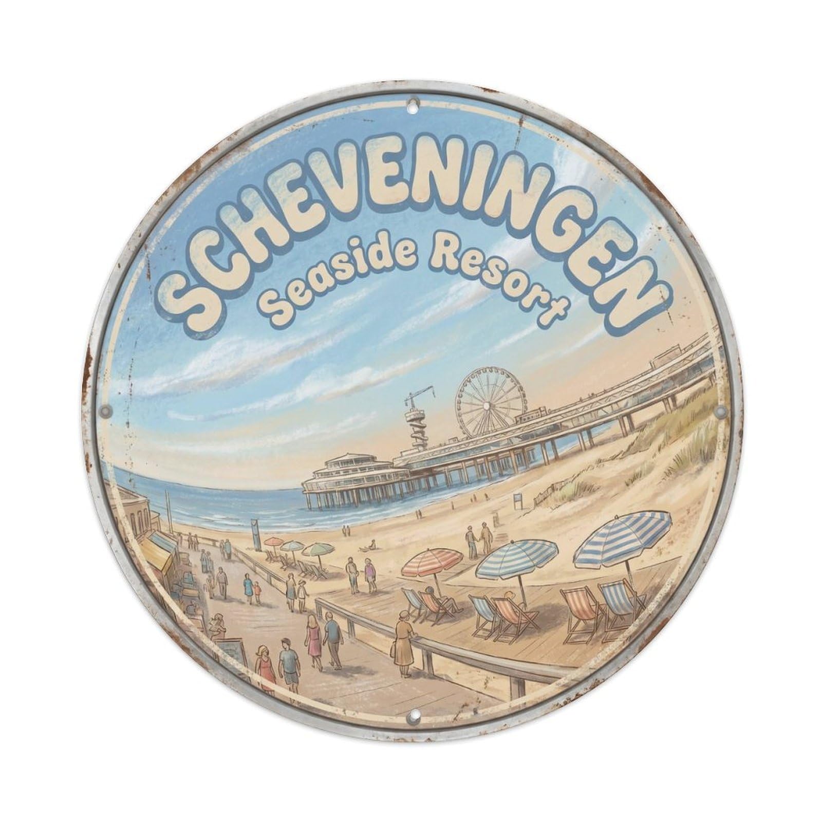 Vintage Travel Beach Hague Metal Tin Sign Plaque Wall Decor for Cafe, Club Bar, Office, Home Garden Round Metal Poster 8x8Inch