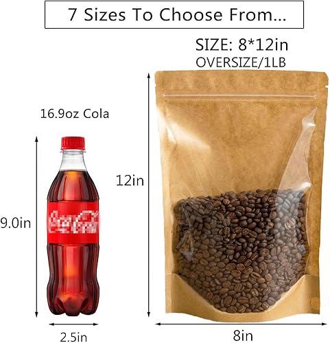 Miniatura 5 de HIBCIGA 50 bolsas de papel kraft con ventana transparente Fornt bolsas resellables de pie con cierre de cremallera, bolsas de almacenamiento de