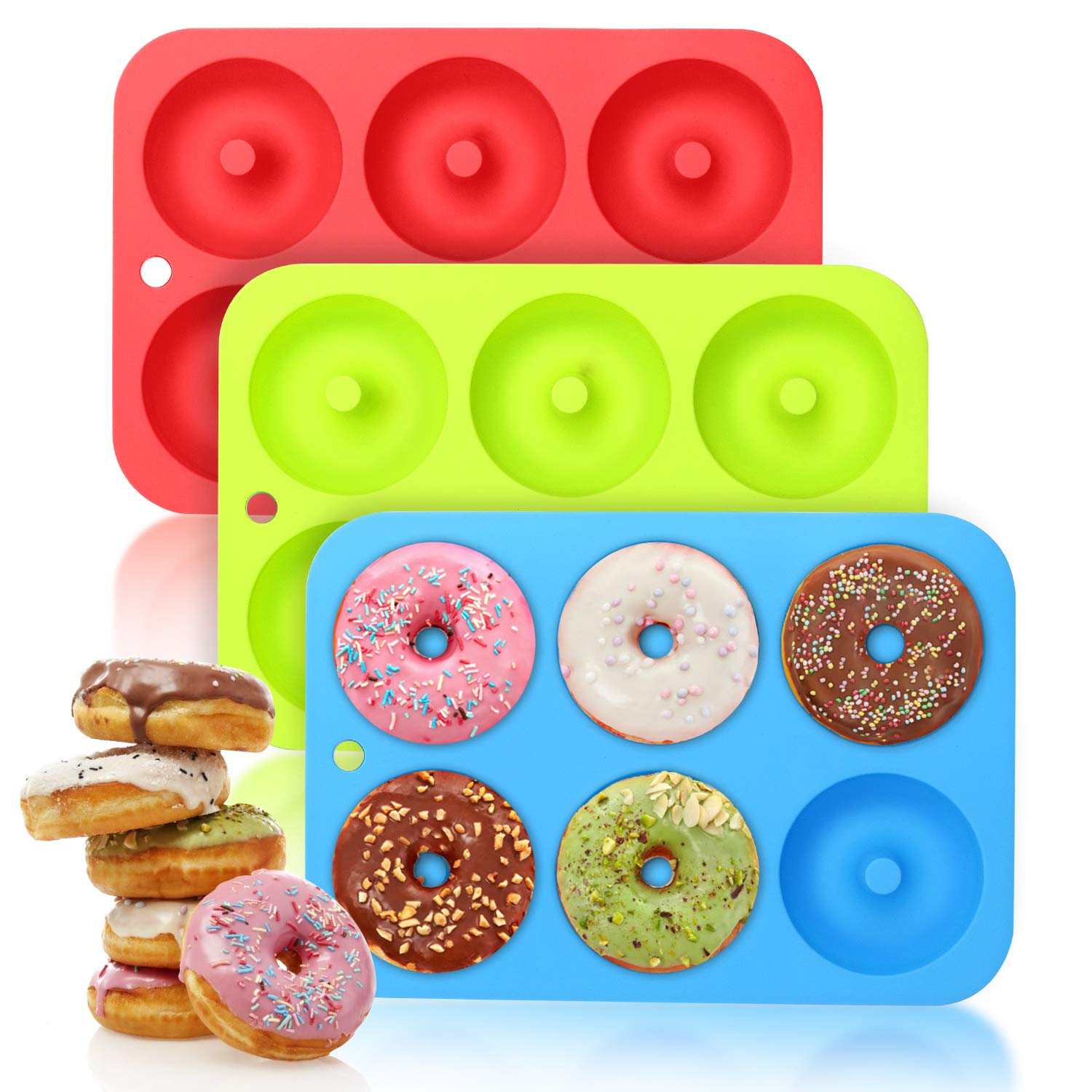BiaoGan Large Donut Pans, 3 Packs Non-Stick Silicone Donut Mold, Silicone Donut Baking Pans for 6 Full-Size Donuts, BPA Free and Dishwasher Safe Perfect for 3 Inch Doughnuts and Bagels