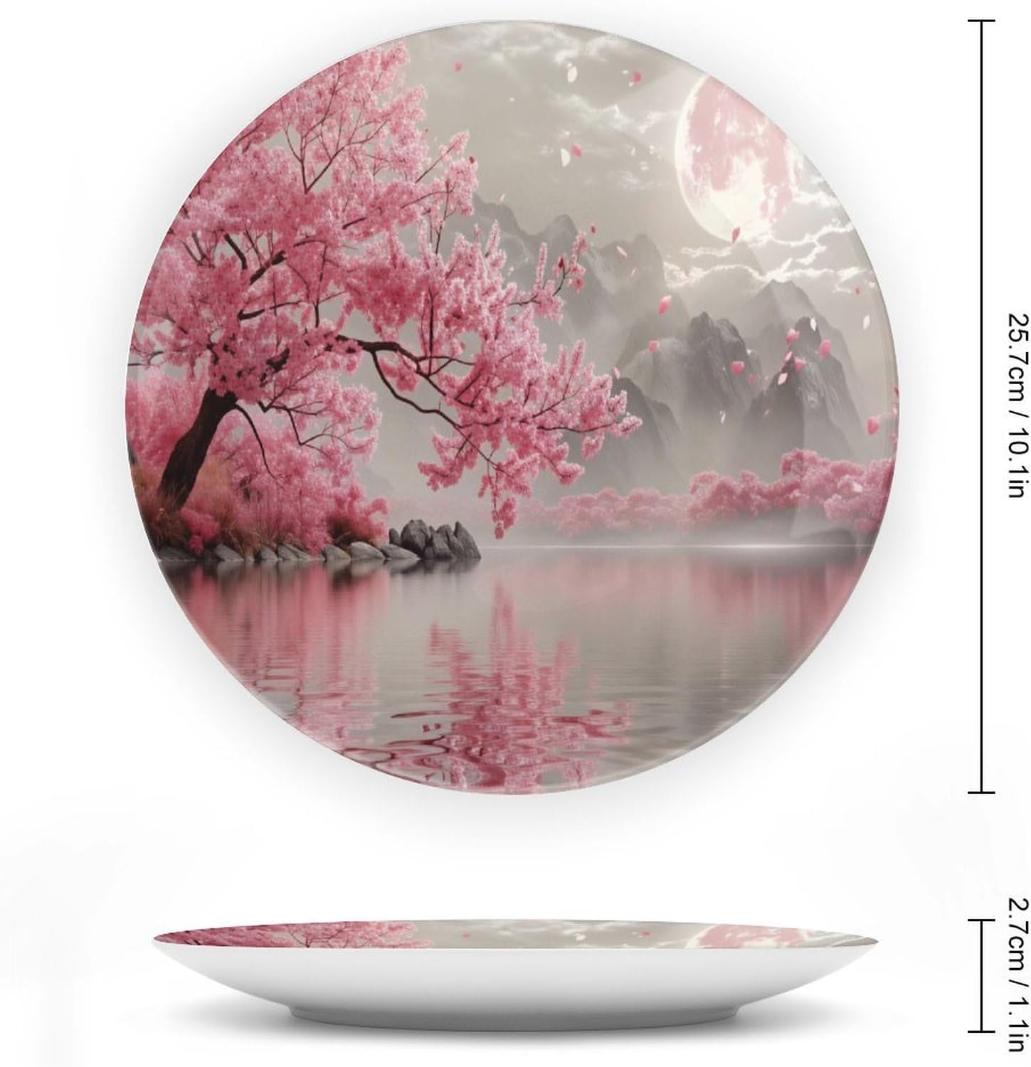 Pink Cherry Blossom Tree Bone China Decorative Plates 10inch with Display Stand, Boho Luxury Ceramic Hanging Plate for Home Decor, Personalized Ornament Dessert Plate Wall Decor Wedding Gift