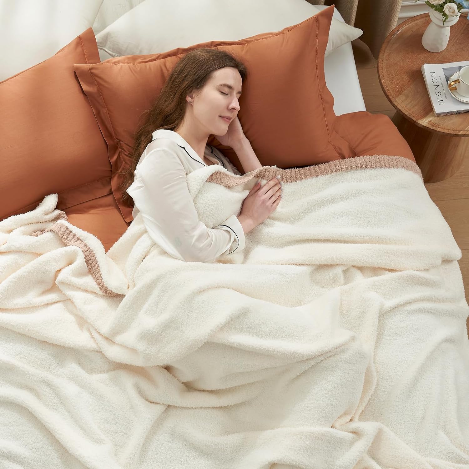 Snuggle Sac Cream Bedding Blankets Queen Size 90x90 inches, Reversible Microfiber Fluffy Fuzzy Soft Throw Cozy Knit Blanket for Women Mothers Birthday Gifts - Image 2