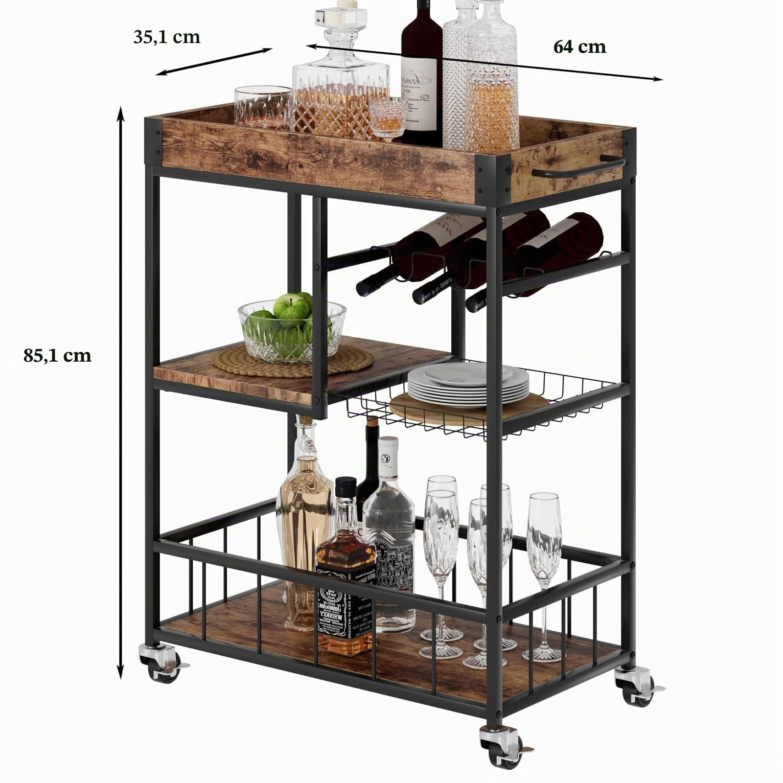 Huhote Carrito de servir, carrito de cocina con estante para vino, carrito de bar, carrito de bebidas, carrito con ruedas, carrito de vino para comedor, cocina, salón, bar, fiesta, marrón grano de