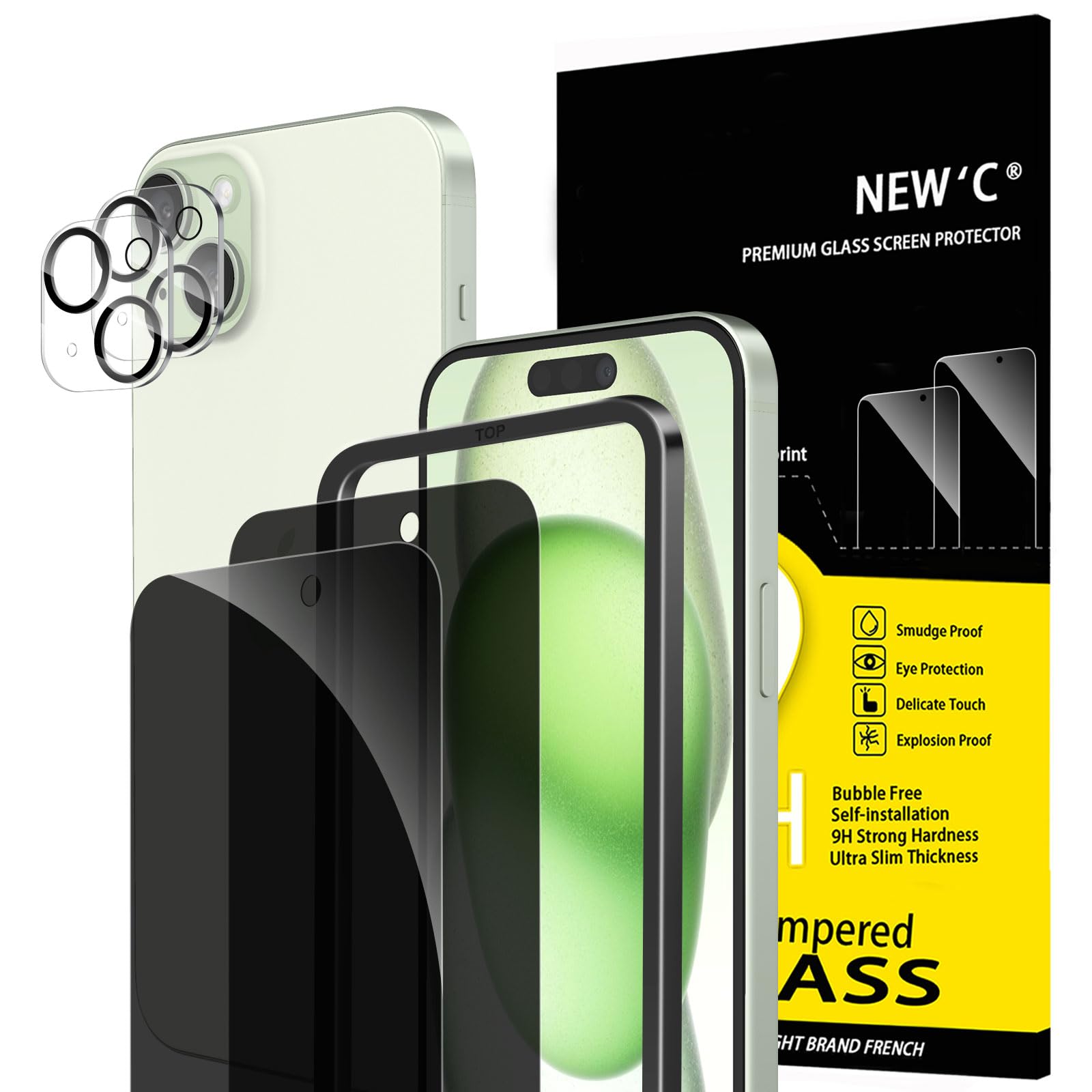 NEW'C 2 x Sichtschutz für iPhone 15 Plus für Panzerglas (6,7 Zoll) und 2 x Kamer