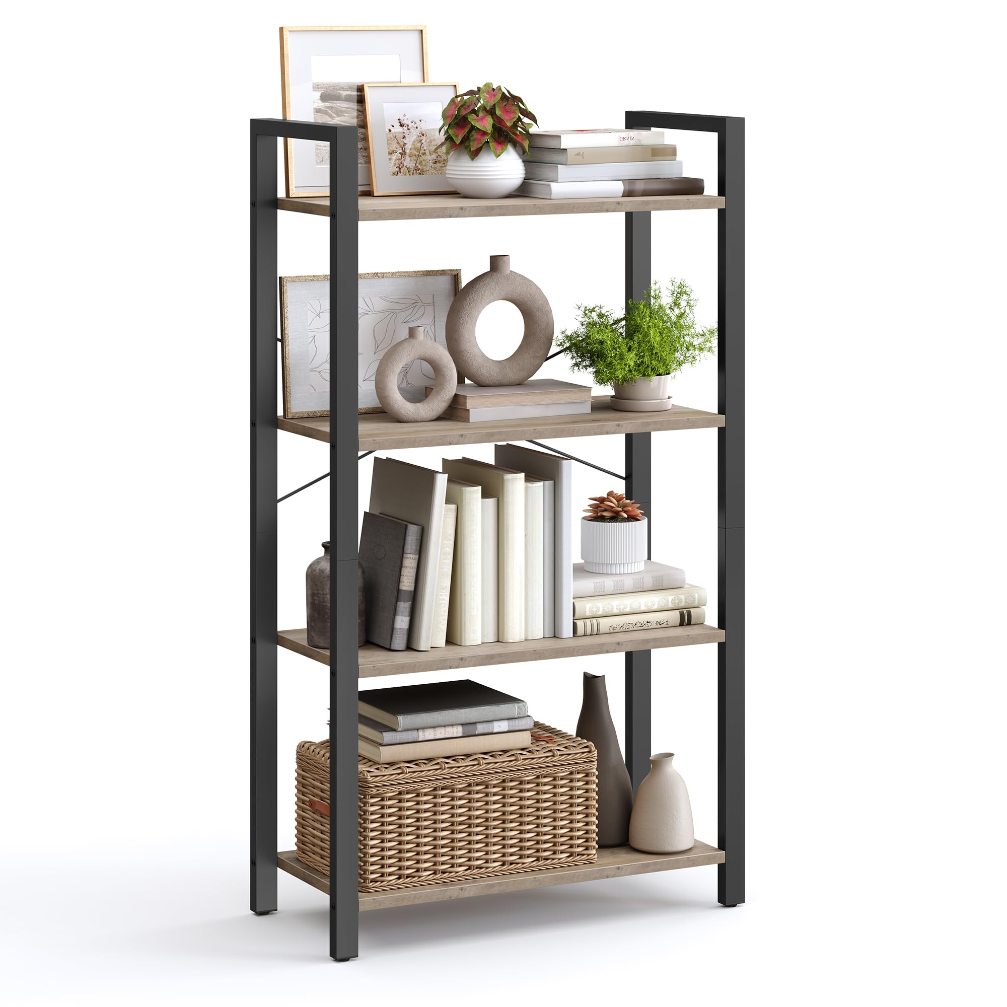 VASAGLE 4-Tier Bookshelf, Bookcase, Shelving Unit, for Office, Study, Living Room, Bedroom, 30 x 66 x 120 cm, Industrial, Heather Greige and Ink Black LLS060B02