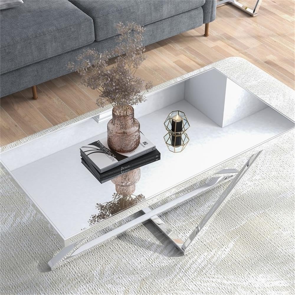 BOWERY HILL Modern Ludington Metal Coffee Table, Chrome Finish, Mirrored Glass Top, Geometric Base Design, 47.25" W x 23.5" D x 18.88" H, Contemporary Style Living Room Center Table