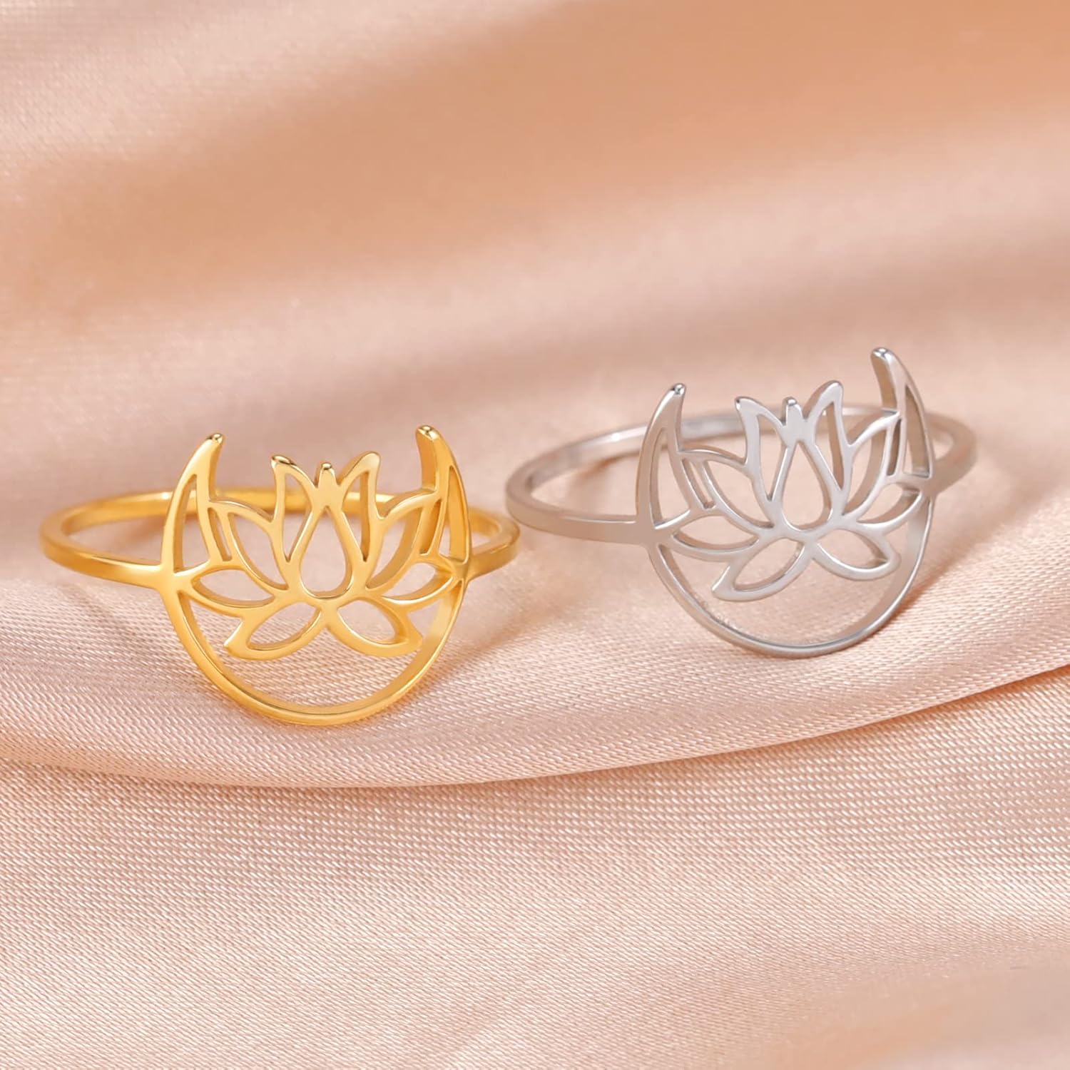 TEAMER Lotus Ring Stainless Steel Moon Lotus Ring Geometric Ring Simple Jewelry for Women - Image 5