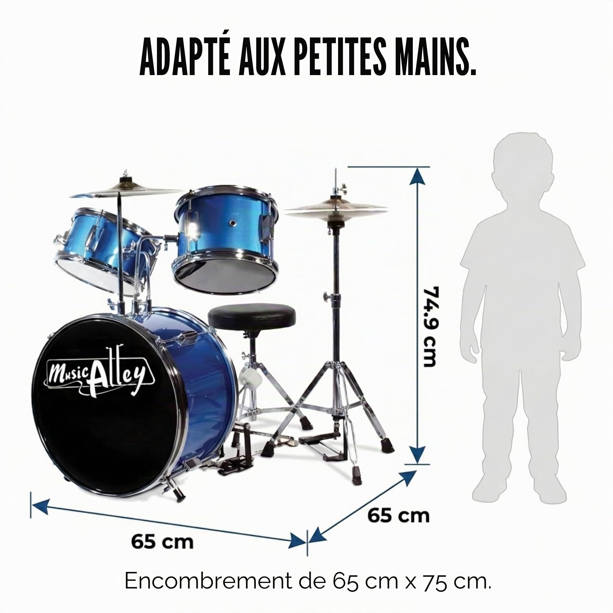 Music Alley Batterie Enfant 3 Pièces avec Tabouret et Cymbale, Bleu | Kit batterie musique junior avec grosse caisse, caisse claire, tom, cymbale, pédale et baguettes pour enfants débutants