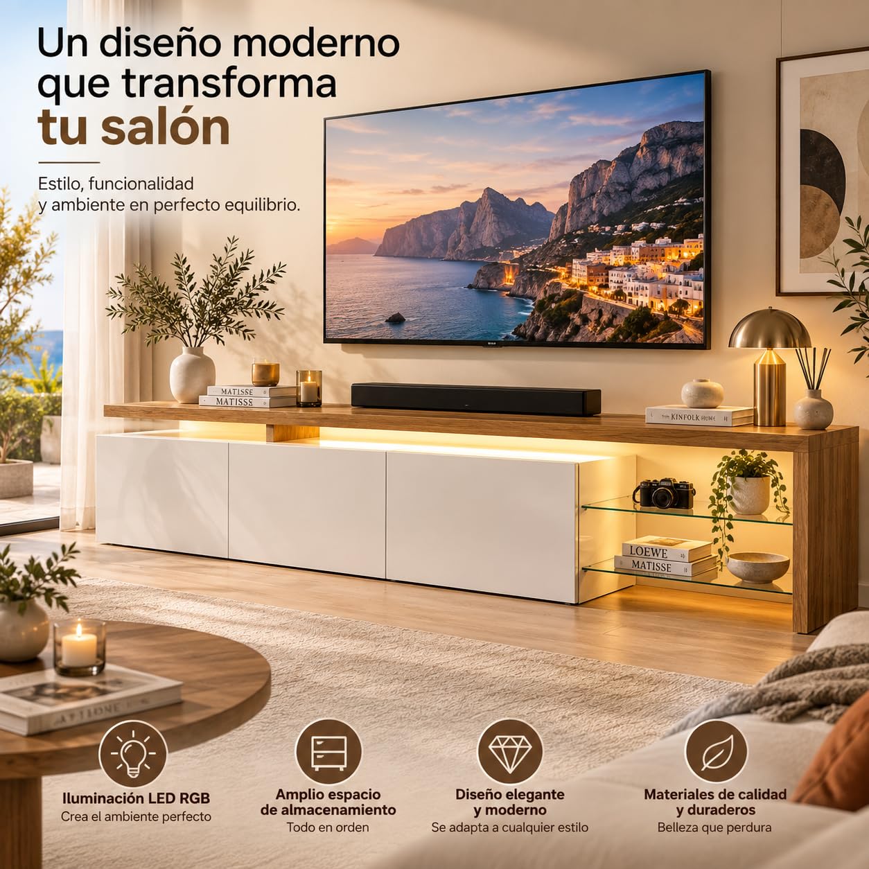 Mobile TV LED con 3 cassetti, mobile TV estensibile mobile TV moderno con cassetti armadio per TV con spazio aperto, cornice in legno, tavolo TV per soggiorno camera da letto (bianco-4, 200 x 39 x 42)