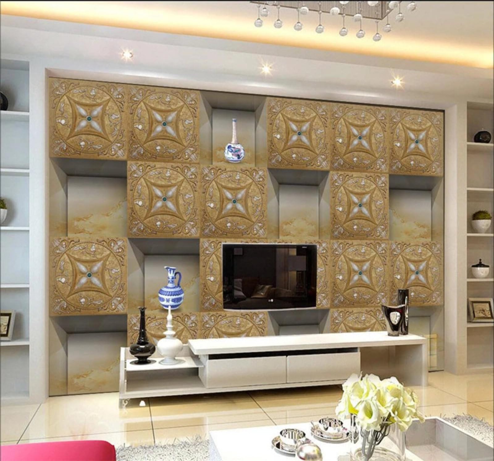 Retro Three Dimensional Geometric Patterned Vase 3D Wallpaper Easy Install Feature Office Living Room Sofa Bedroom TV Background Wall Decoration-350cm×256cm