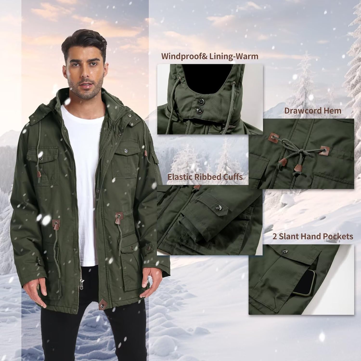 Men's Thick Winter Jackets Fleece Lined Thick Jackets Hood Work Jackets Coat Cotton Military with Cargo Pockets - Image 5