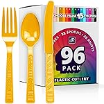 DecorRack Plastic Cutlery Set, Yellow Colored Plastic Silverware Sets for Parties, 96 Piece Bulk Heavy Duty Utensils (Yellow, 96 Pieces)