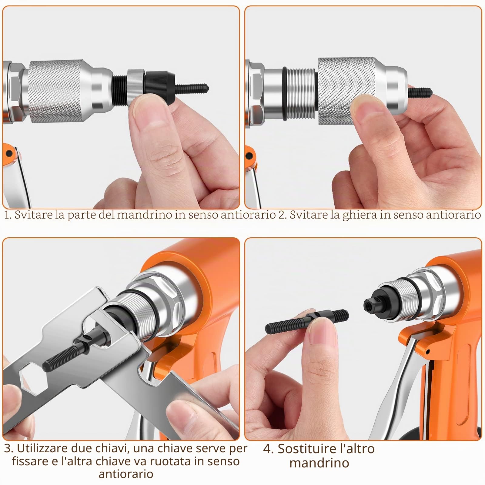 Proster Rivettatrice Pneumatica con 100Pz Inserti Filettati 1/4" Rivettatrice ad Aria Professionale per Rivetti M4 M5 M6 M8 M10 Pistola a Rivetto ad Aria per Decorazione Fabbricazione Macchine-arancia