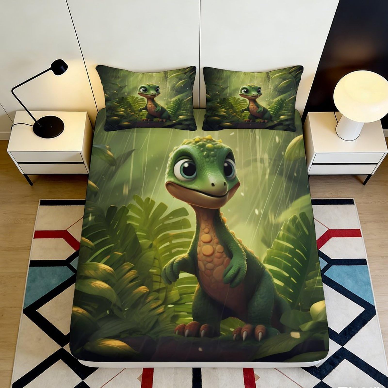 3D Printed Cartoon Dinosaur Fitted Sheet Microfiber Soft Green Jungle Mattress Cover for Bedroom Dorm Decor 90x200x25cm