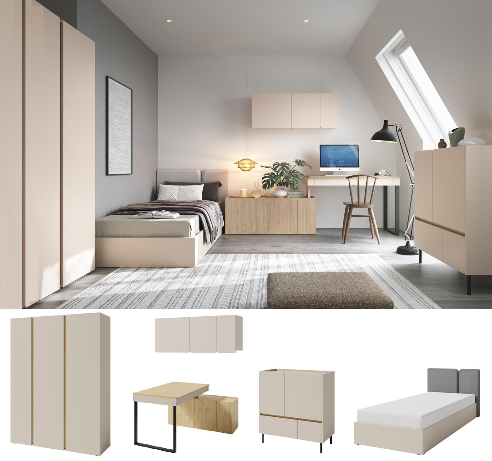 QMM Jugendzimmer Kinderzimmer komplett Laris Set C Schrank 3-türig Kommode Schreibtisch Wandregal Bett 200x90 Farbauswahl (Sandbeige - Eiche geölt)