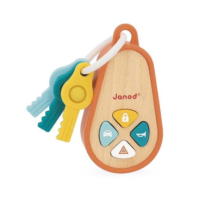 Janod - Llavero sonoro para bebés de Madera y Silicona con 4 Sonidos y 3 Llaves