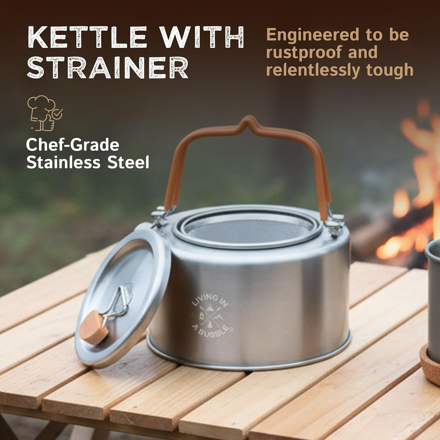 Living in a Bubble Premium 1L Camping Kettle with Strainer – Chef-Grade Stainless Steel – Compact Outdoor Cookware for Camping, Van Life, & Tiny Kitchens