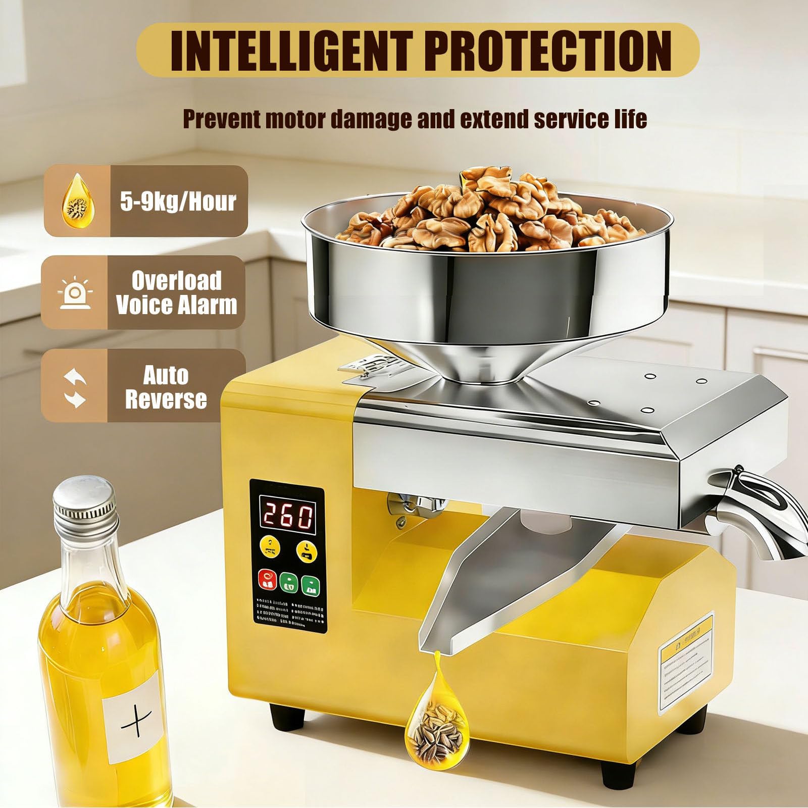 Frantoio Olive Commerciale, Macchina per La Spremitura Dell'olio Elettrica Automatica da 1500W, Estrattore D'olio in Acciaio Inossidabile per Spremitura a Freddo E a Caldo
