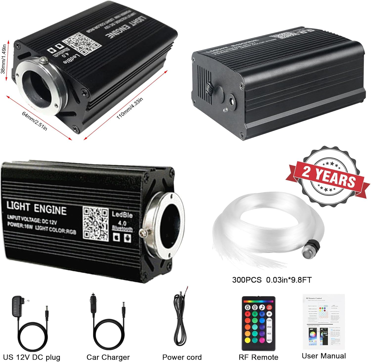 Starlight Headliner Kit 300pcs – Minimalist Style | 16W RGBW Fiber Engine, Twinkle, App Control, Music Sync, Easy Install for Car & Home