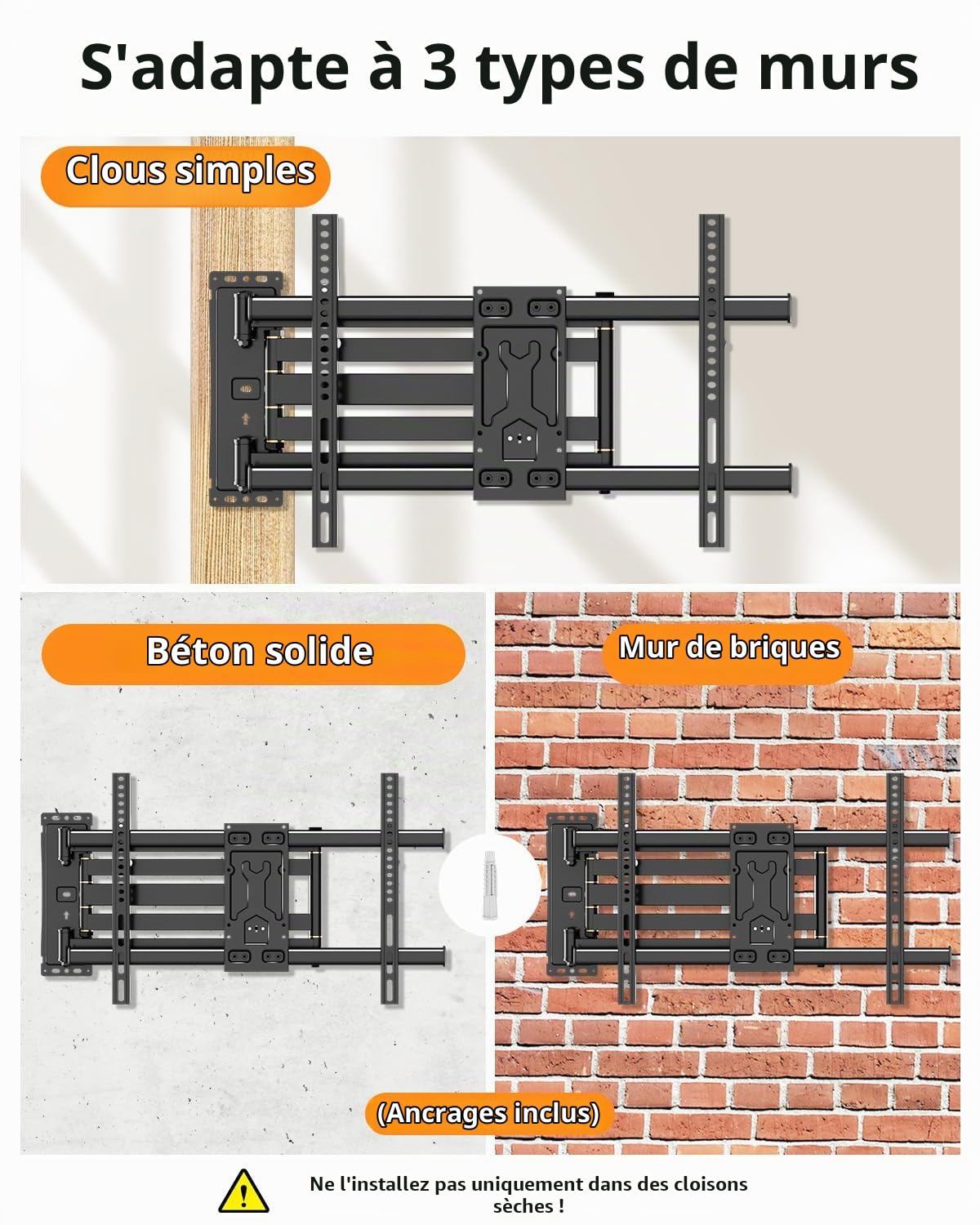 FORGING MOUNT Support Mural TV avec Lumières LED pour Télévision de 37 à 75 Pouces Jusqu'à 45kg, Support TV Mural à Longue Portée 1015mm Pivot Inclinaison et Rétroéclairage Musical, VESA Max 600x400mm