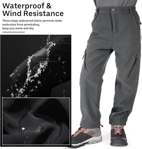 Miniatura 4 de linlon Pantalones cargo de senderismo para niños y jóvenes, impermeables, con forro polar suave y forro polar, pantalones de nieve aislados, Nieve