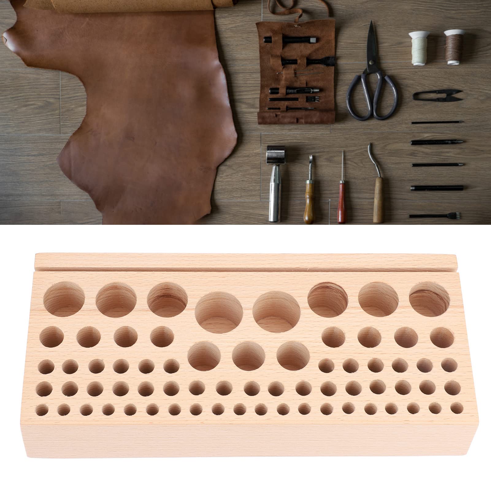Portautensili per artigianato in pelle, 68 fori in legno di faggio Organizzatore professionale per stand in pelle, per la lavorazione della pelle Creazione di strumenti per la perforazione Conservazio