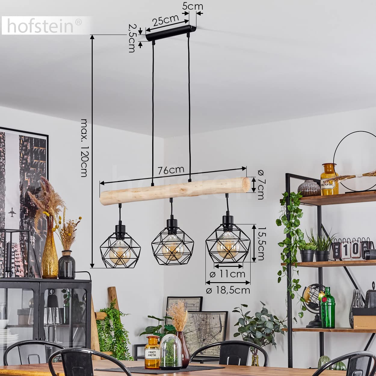 HOFSTEIN Pendelleuchte Bacabal, Hängelampe aus Metall/Holz in Schwarz/Naturfarben, höhenverstellbare Hängeleuchte mit Holzstab, Schirme in Gitter-Optik, 3-flammig, 3 x E27, Esszimmer, Küche
