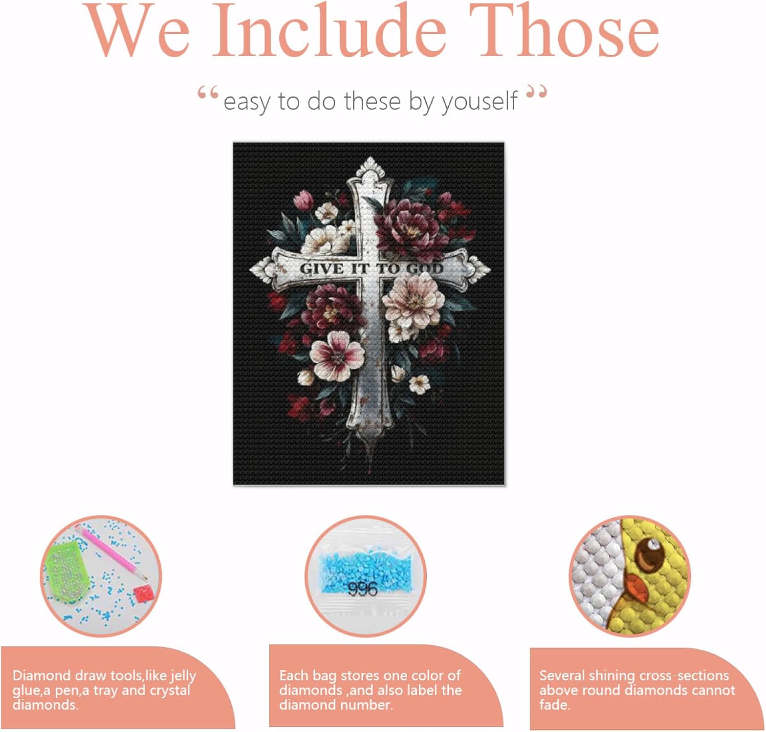 Religious Cross Diamond Art Kits for Adults, Flower Cross Diamond Painting Kit for Adults 5D Full Drill Round Gem Art Diamond Dots for Home Wall Decor Easter Gifts 20x24 in