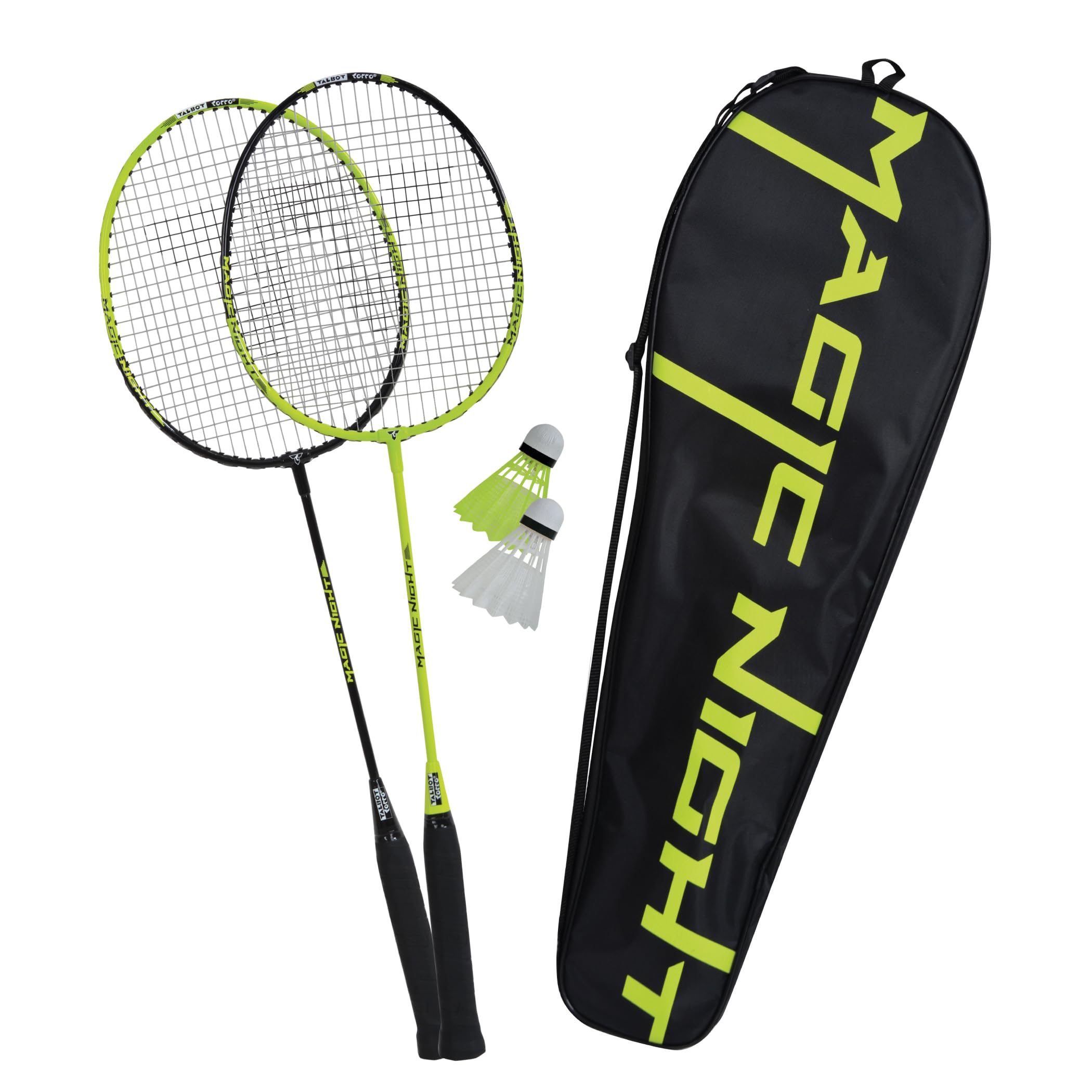 Talbot Torro Set de Badminton Magic Night, 2 Raquetas y 2 Volantes con LED Jugar por la Noche, en un Valioso Bolso, 449405