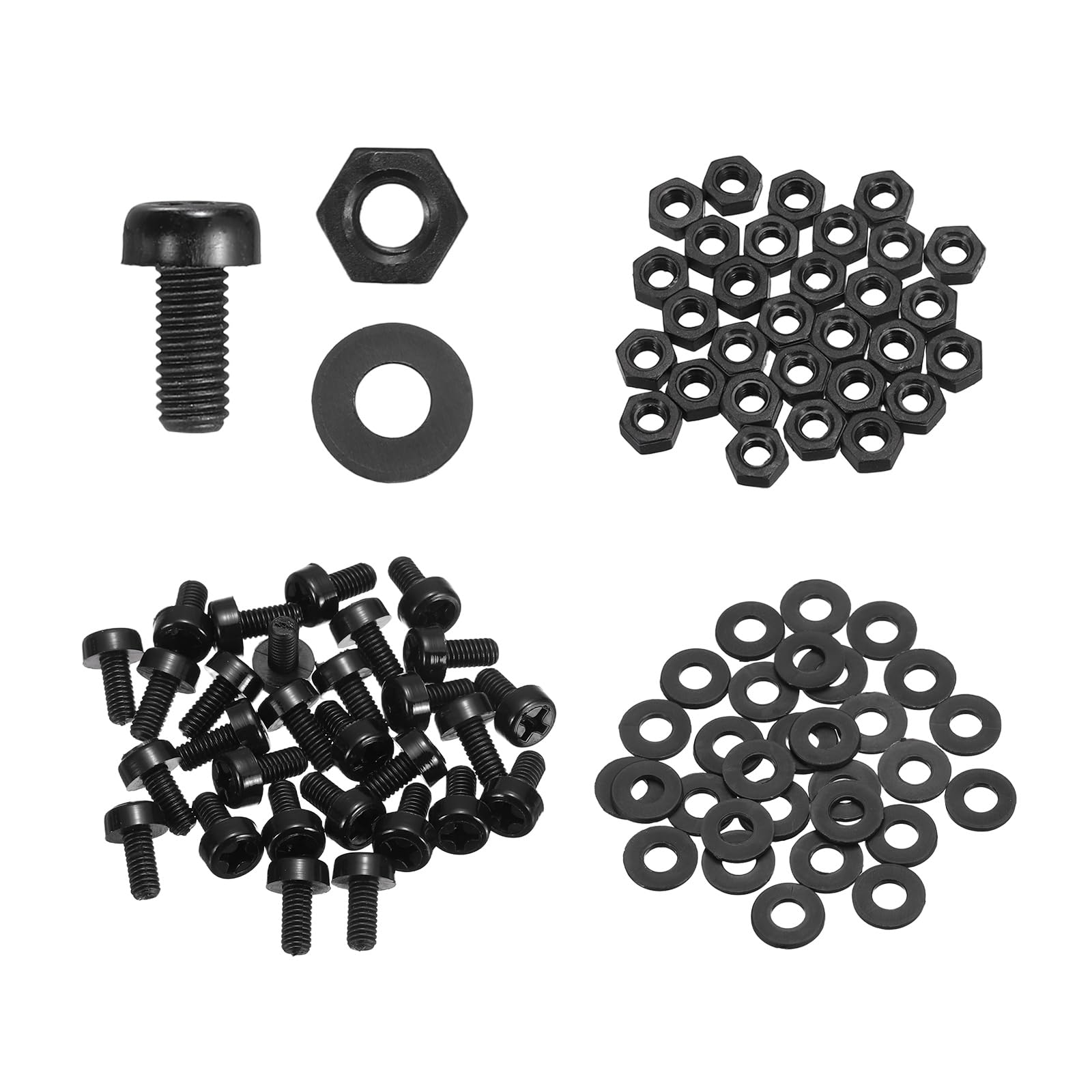 sourcing map 30 Set M3x5mm Nylon PA66 Plastic Cross Round Head Screw Phillips Bolts Hex Nuts Flat Washers Assortment Kit, Metric Full Thread Bolt Fasteners for DIY Machine Assembly, Black — image 1